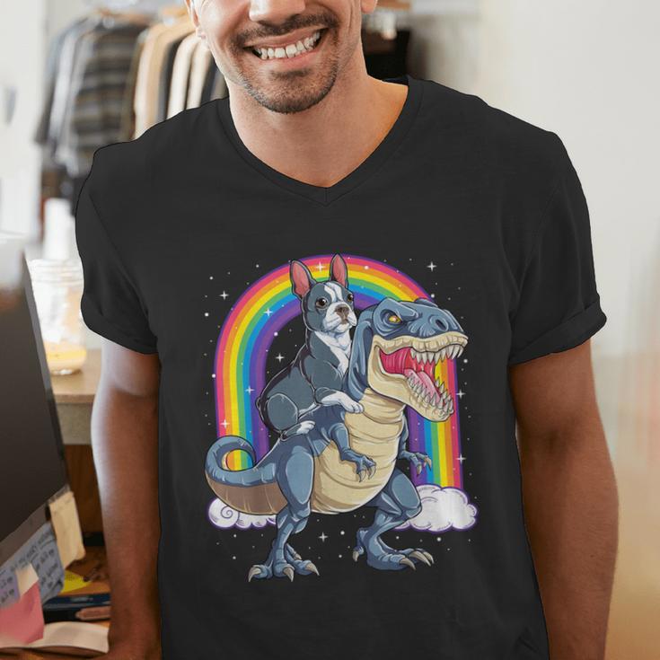 Boston Terrier Riding Dinosaur T-Rex Boys Kids Rainbow Men's V-Neck T-Shirt, Boston Terrier Riding Shirts, funny gift