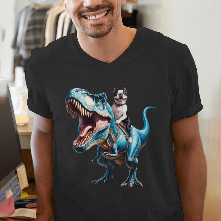 Boston Terrier Riding T-Rex Dinosaur Dog Lover Men's V-Neck T-Shirt, Boston Terrier Riding Shirts, funny gift