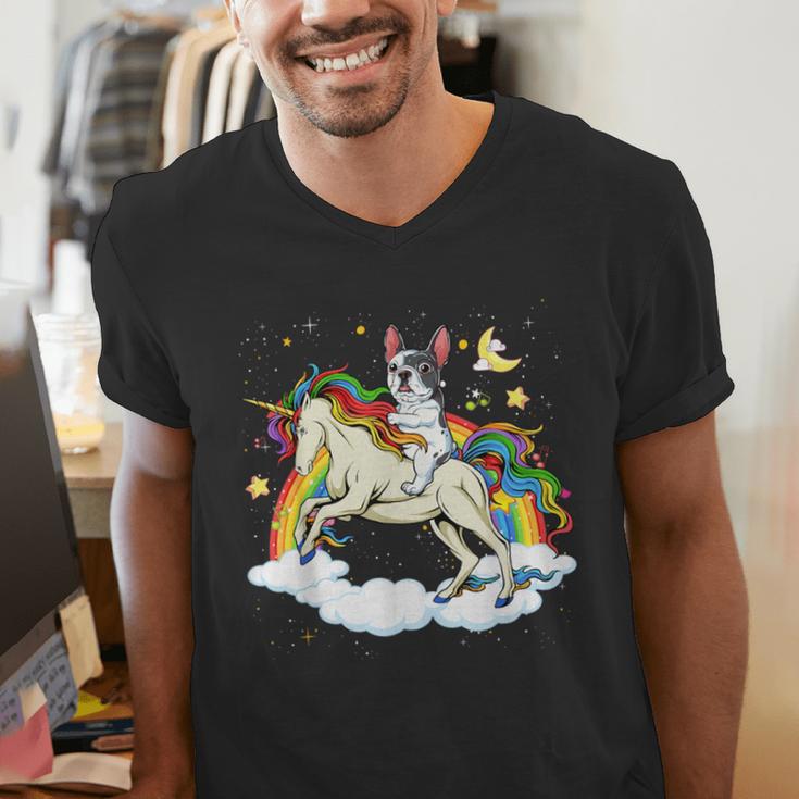 Boston Terrier Riding Unicorn Boys Girls Kids Rainbow Men's V-Neck T-Shirt, Boston Terrier Riding Shirts, funny gift