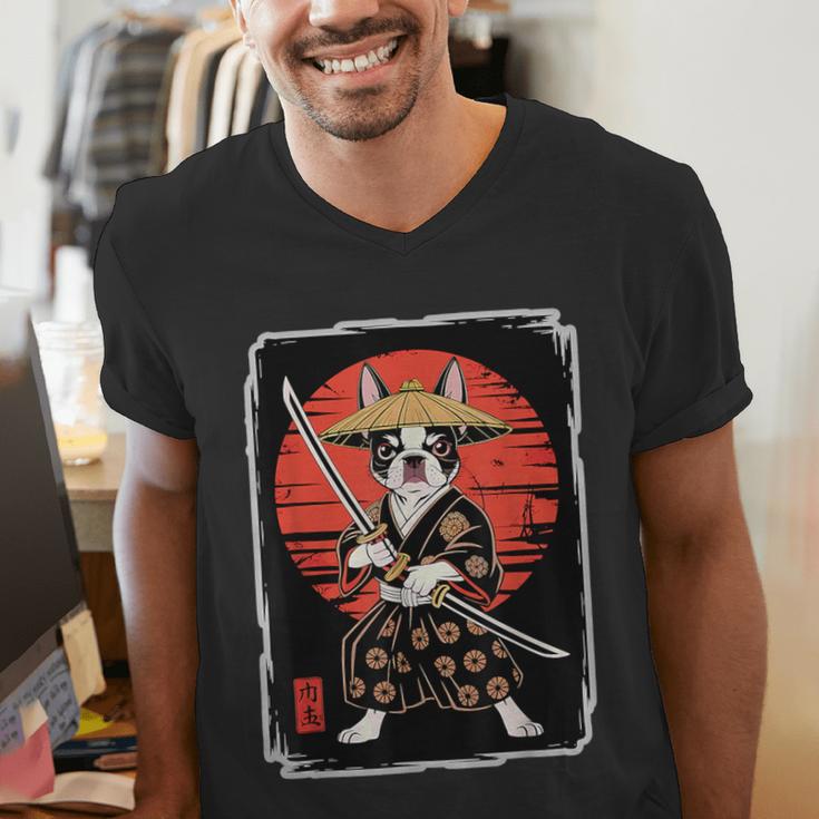 Boston Terrier Samurai Ninja Vintage Anime Japanese Ukiyo-e Men's V-Neck T-Shirt, funny gift