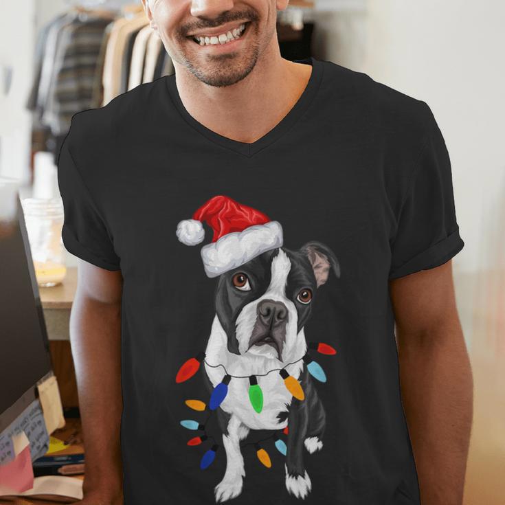 Boston Terrier Santa Christmas Lights Xmas Dog Lover Men Women Kids Men's V-Neck T-Shirt, Boston Terrier Christmas Shirts, funny gift