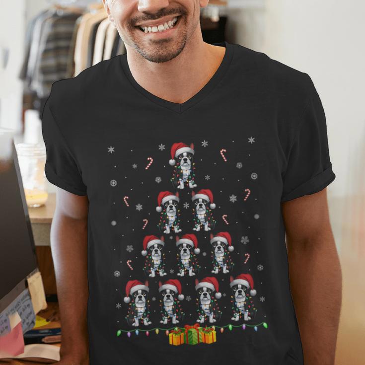 Boston Terrier Santa Hat Xmas Light Men Women Christmas Tree Men's V-Neck T-Shirt, Boston Terrier Christmas Shirts, funny gift
