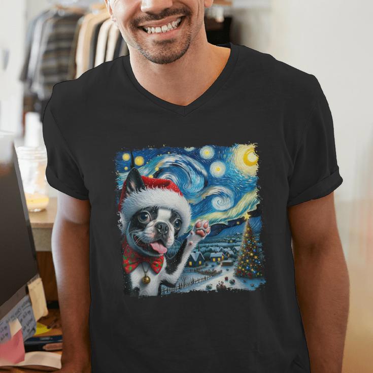 Boston Terrier Santa Starry Night Van Gogh Christmas Dog Men Women Kids Men's V-Neck T-Shirt, Boston Terrier Christmas Shirts, funny gift