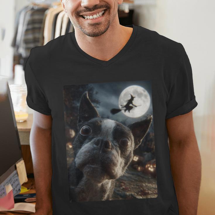 Boston Terrier Selfie Full Moon Flying Witch Halloween Dog Men's V-Neck T-Shirt, Boston Terrier Halloween Shirts, funny gift
