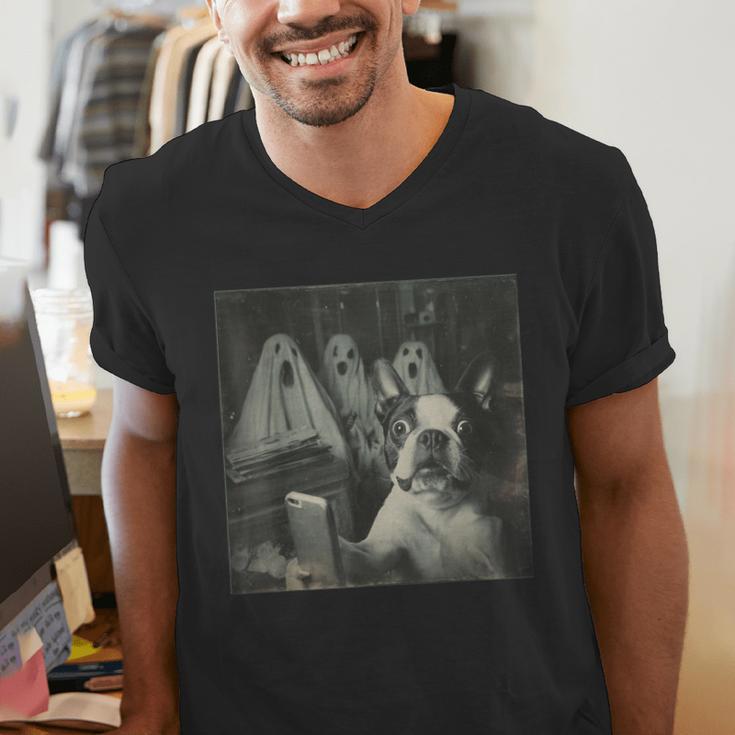 Boston Terrier Selfie With Ghosts Halloween Dog Lover Men's V-Neck T-Shirt, Boston Terrier Halloween Shirts, funny gift