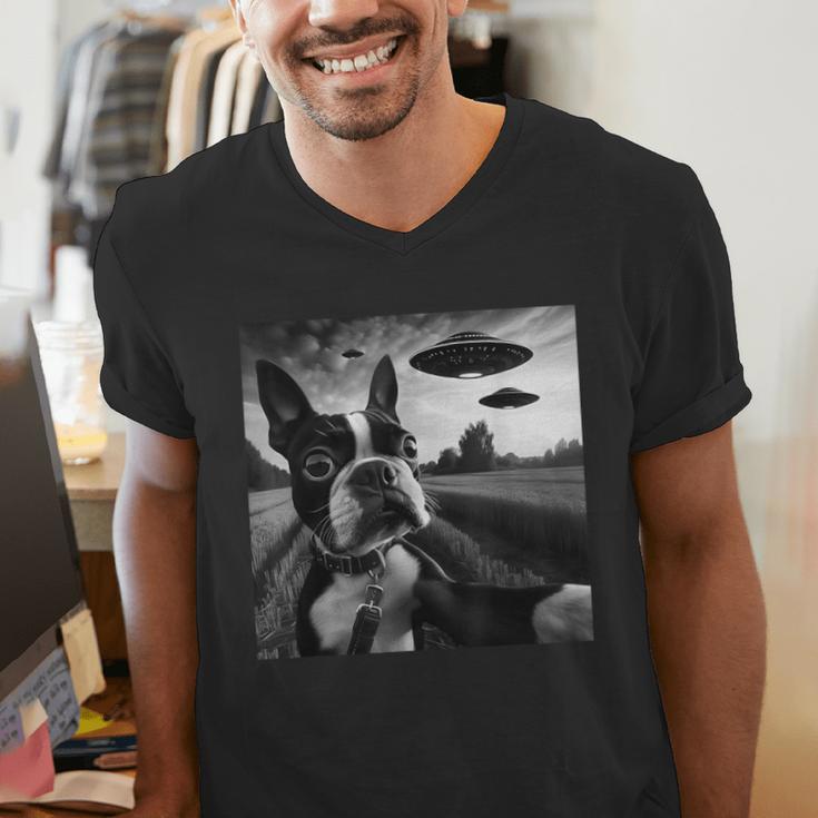 Boston Terrier Graphic Selfie With UFOs Weird Aliens Men's V-Neck T-Shirt, funny gift