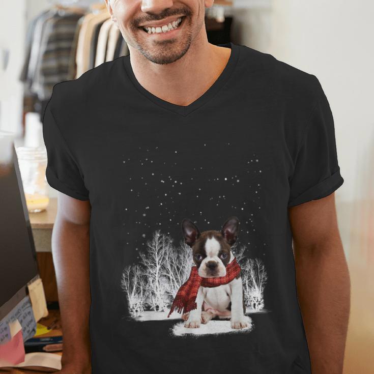 Boston Terrier In The Snow Merry Christmas Winter Men's V-Neck T-Shirt, Boston Terrier Christmas Shirts, funny gift