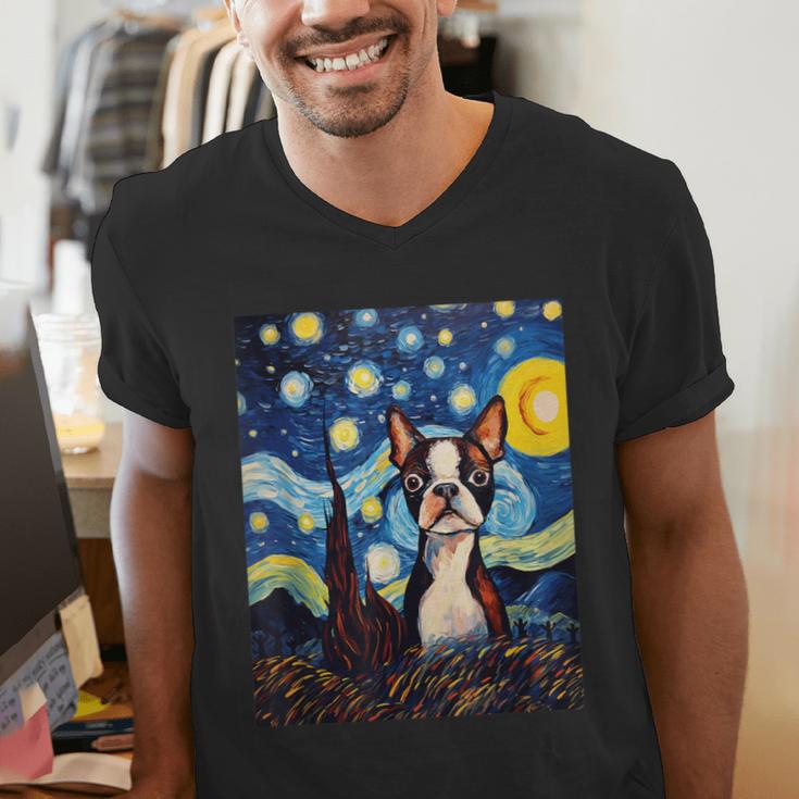 Boston Terrier Starry Night Van Gogh Art Men's V-Neck T-Shirt, funny gift