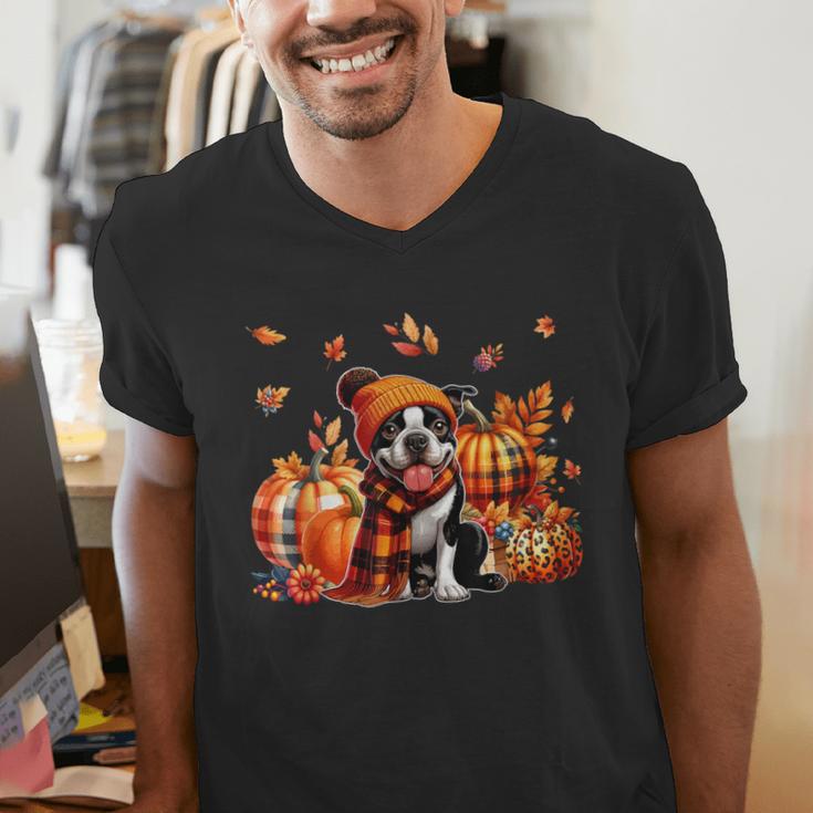 Boston Terrier Thanksgiving Leopard Pumpkins Fall Leaves Men's V-Neck T-Shirt, Boston Terrier Thanksgiving Shirts, funny gift