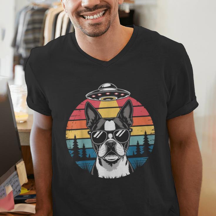 Boston Terrier UFO Alien Boston Terrier Dog Mom Dad Men's V-Neck T-Shirt, Boston Terrier Dad Shirts, Boston Terrier Mom Shirts, funny gift
