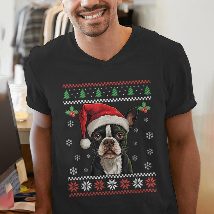 Boston Terrier Ugly Christmas Sweater Xmas For Adults Kids Men's V-Neck T-Shirt, Boston Terrier Christmas Shirts, funny gift