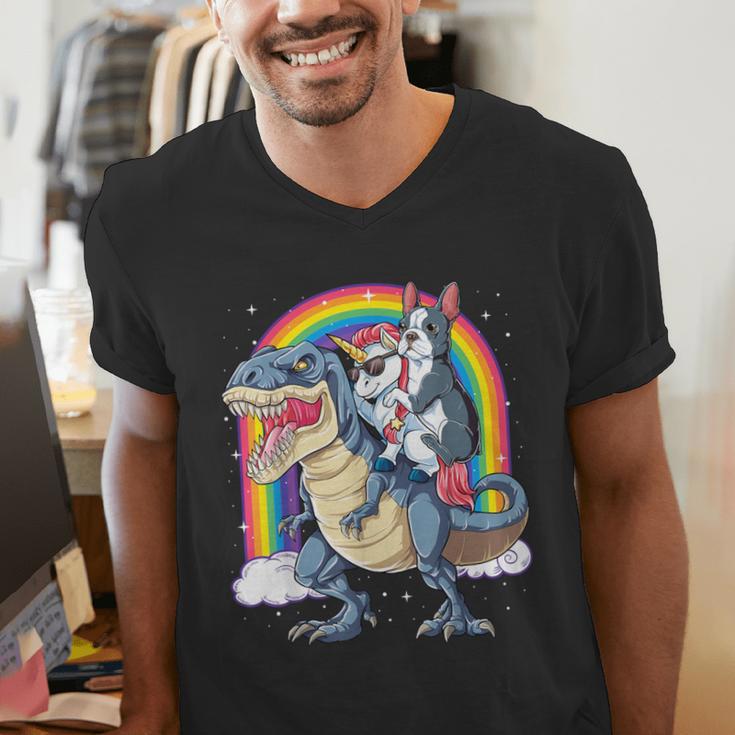 Boston Terrier Unicorn Riding Dinosaur T-Rex Girls Rainbow Men's V-Neck T-Shirt, Boston Terrier Riding Shirts, funny gift