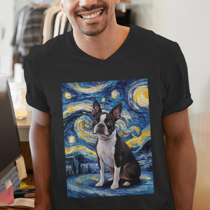 Boston Terrier Van Gogh Starry Night Men's V-Neck T-Shirt, funny gift