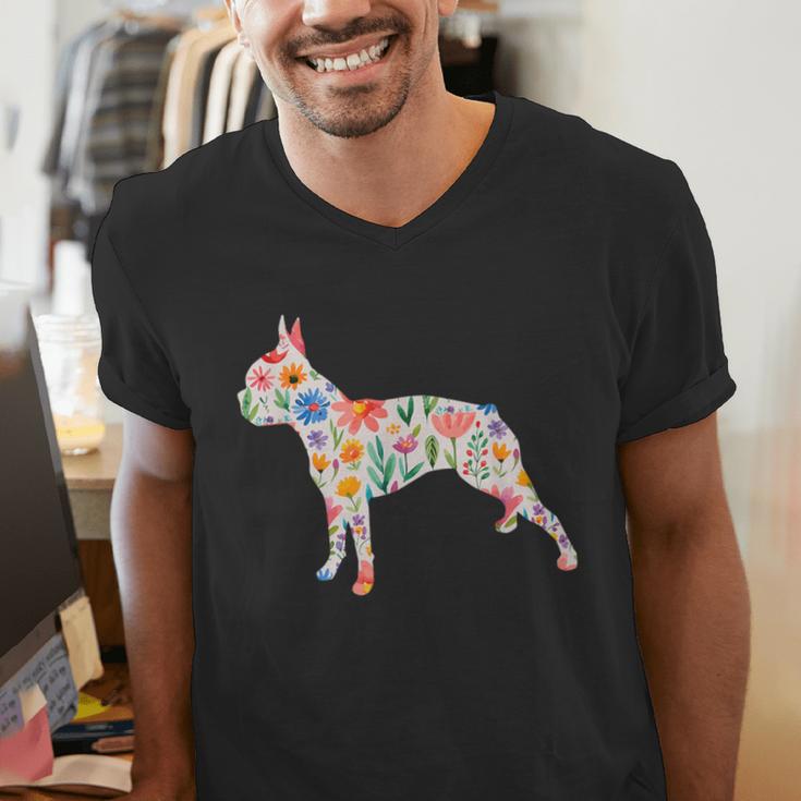 Boston Terrier Watercolor Flowers Men's V-Neck T-Shirt, funny gift