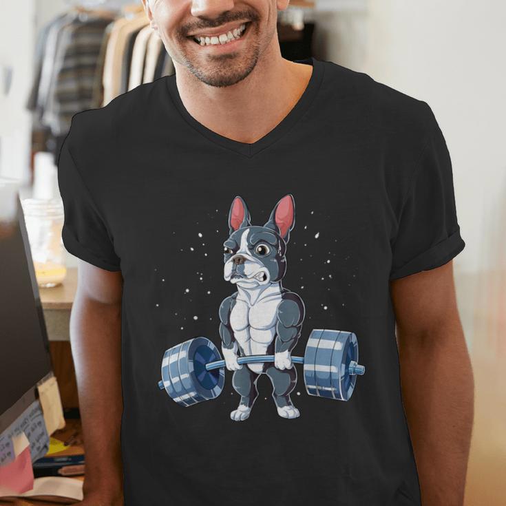 Boston Terrier Weightlifting Deadlift Men Fitness Gym Men's V-Neck T-Shirt, Boston Terrier Gym Shirts, funny gift