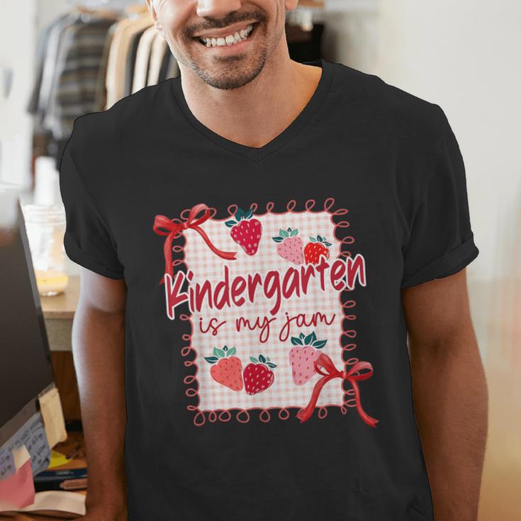 Bow Strawberry Kindergarten Is My Jam Teacher Kinder Team Men's V-Neck T-Shirt, funny gift