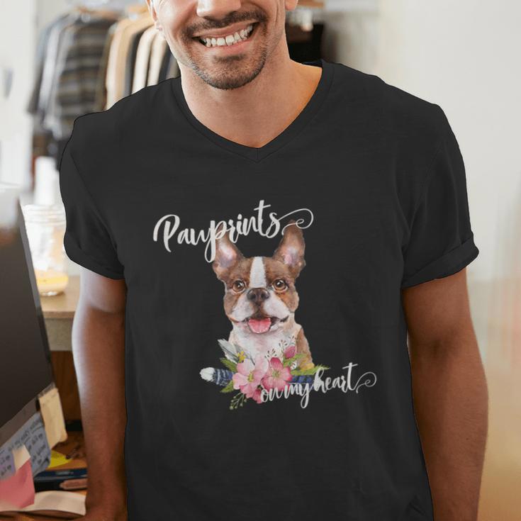 Brown Boston Terrier With Flowers And Feathers Men's V-Neck T-Shirt, funny gift