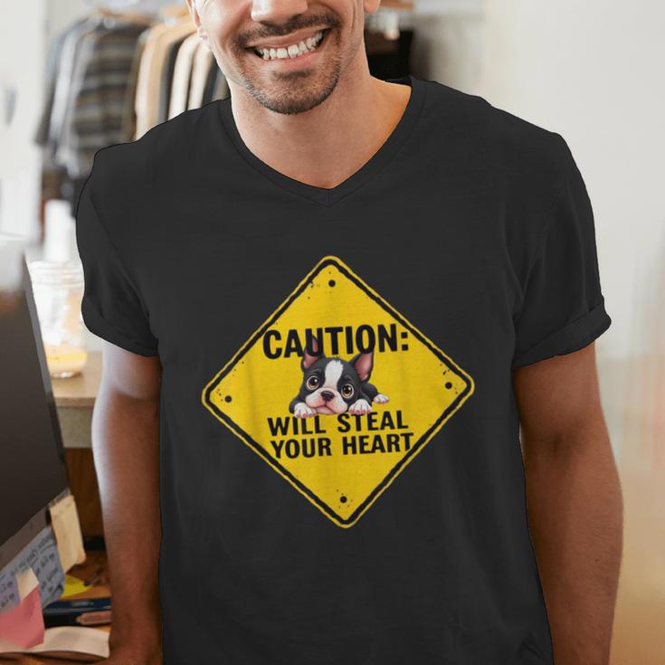 Caution Sign Boston Terrier Dog Bostie Puppy Men's V-Neck T-Shirt, funny gift