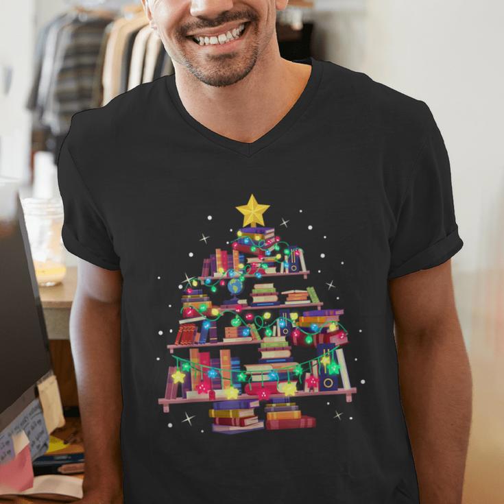 Christmas Library Tree Love Reading Books Nerd Teacher Men's V-Neck T-Shirt, funny gift