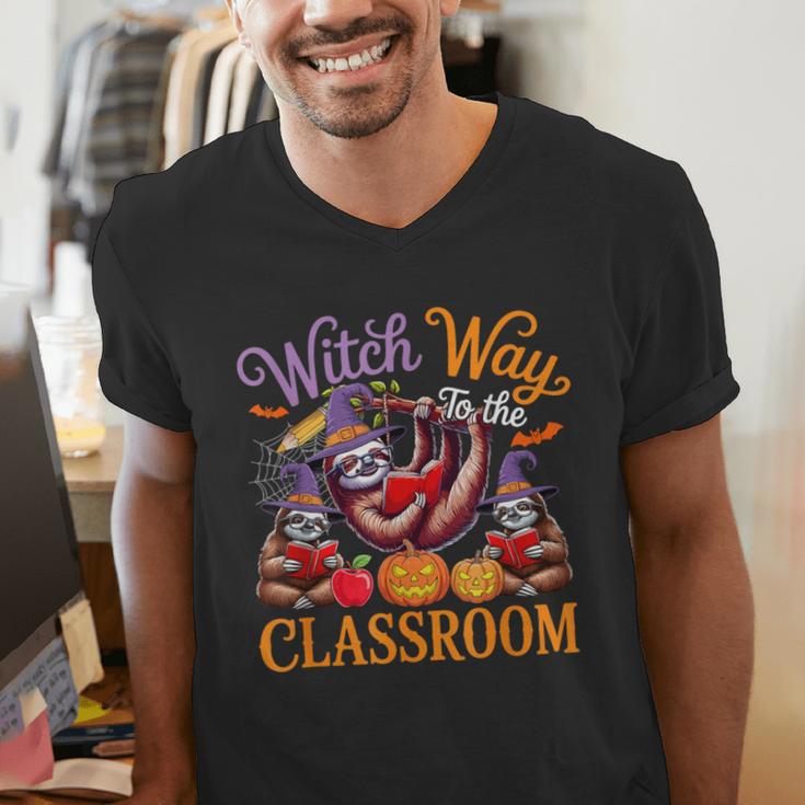 Way To Classroom Halloween Witch Three Cute Sloths Teacher Men's V-Neck T-Shirt, funny gift Way To Classroom Halloween Witch Three Cute Sloths Teacher Men's V-Neck T-Shirt, funny gift
