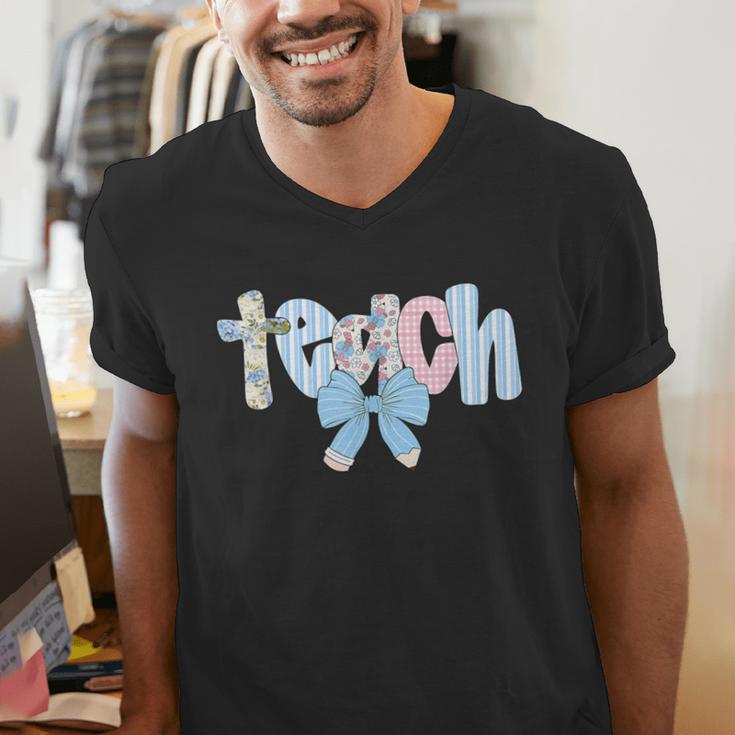 Coquette Bow Teach Teacher Happy First Day Back To School Men's V-Neck T-Shirt, funny gift Coquette Bow Teach Teacher Happy First Day Back To School Men's V-Neck T-Shirt, funny gift