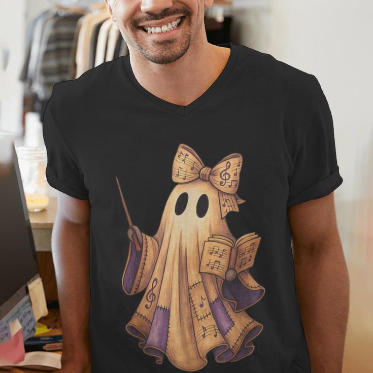 Coquette Music Note Patchwork Ghost Music Teacher Halloween Men's V-Neck T-Shirt, funny gift Coquette Music Note Patchwork Ghost Music Teacher Halloween Men's V-Neck T-Shirt, funny gift