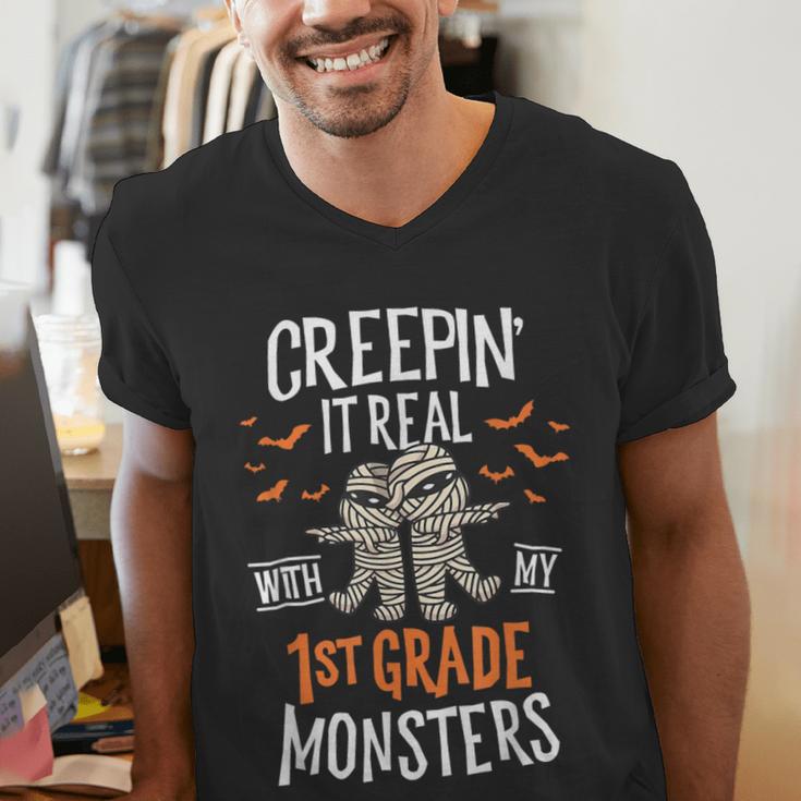 Creepin It Real With My 1st Grade Monsters Halloween Teacher Men's V-Neck T-Shirt, funny gift Creepin It Real With My 1st Grade Monsters Halloween Teacher Men's V-Neck T-Shirt, funny gift