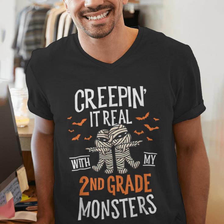 Creepin It Real With My 2nd Grade Monsters Halloween Teacher For Men Women Kids Men's V-Neck T-Shirt, 2nd Grade Teacher Shirts, funny gift