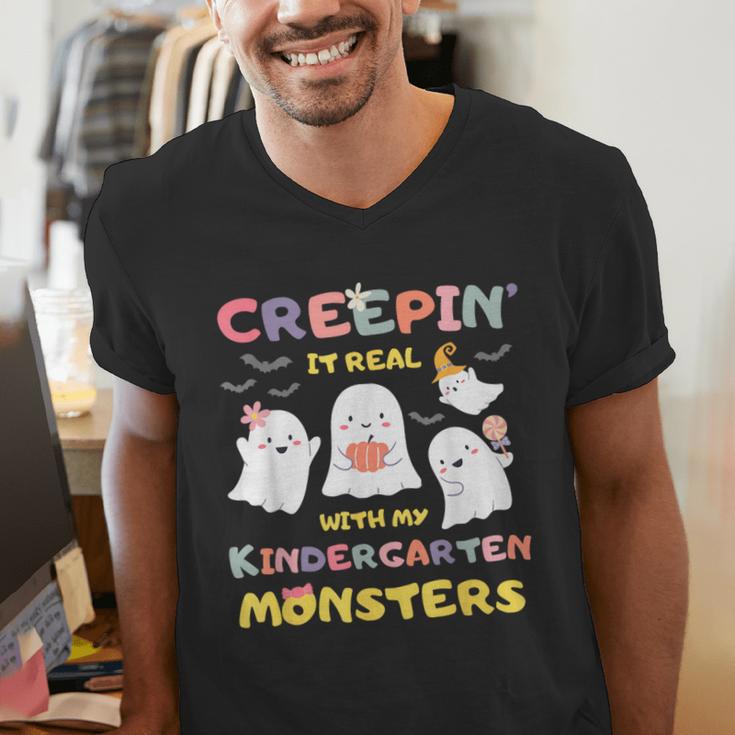 Creepin It Real With Kindergarten Monsters Halloween Teacher Men's V-Neck T-Shirt, funny gift Creepin It Real With Kindergarten Monsters Halloween Teacher Men's V-Neck T-Shirt, funny gift