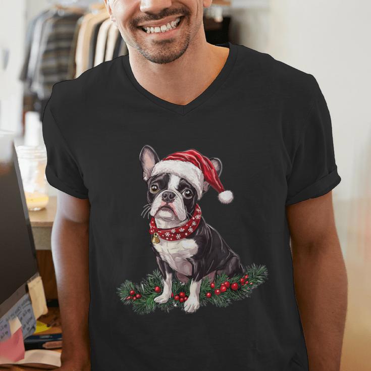Cute Boston Terrier Dog Christmas Merry X-Mas Graphic Men's V-Neck T-Shirt, Boston Terrier Christmas Shirts, funny gift