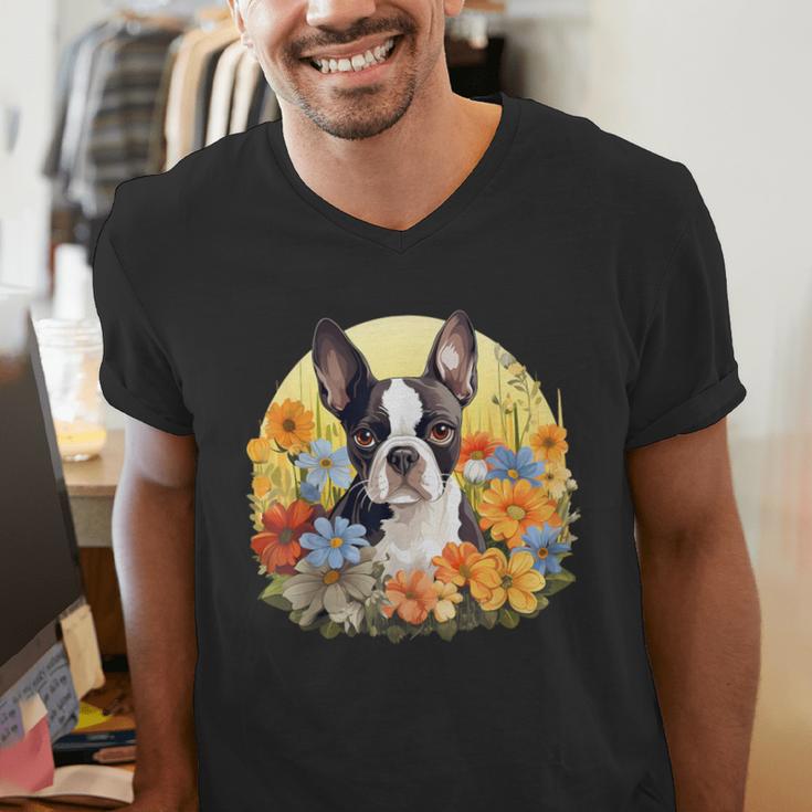 Cute Boston Terrier Spring Flower Garden Colorful Puppy Dog Men's V-Neck T-Shirt, funny gift