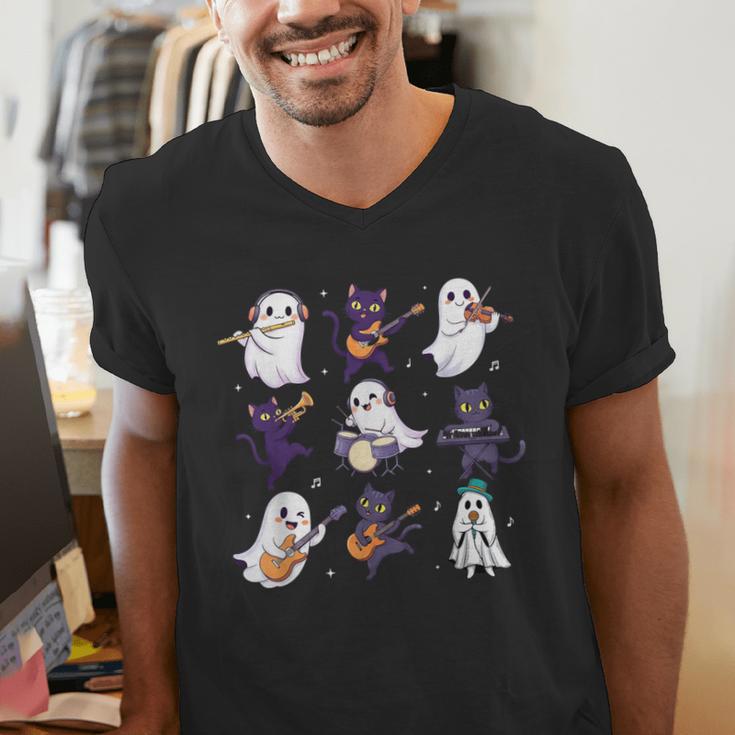 Cute Ghost Cat Playing Musical Halloween Music Teacher Men's V-Neck T-Shirt, funny gift Cute Ghost Cat Playing Musical Halloween Music Teacher Men's V-Neck T-Shirt, funny gift