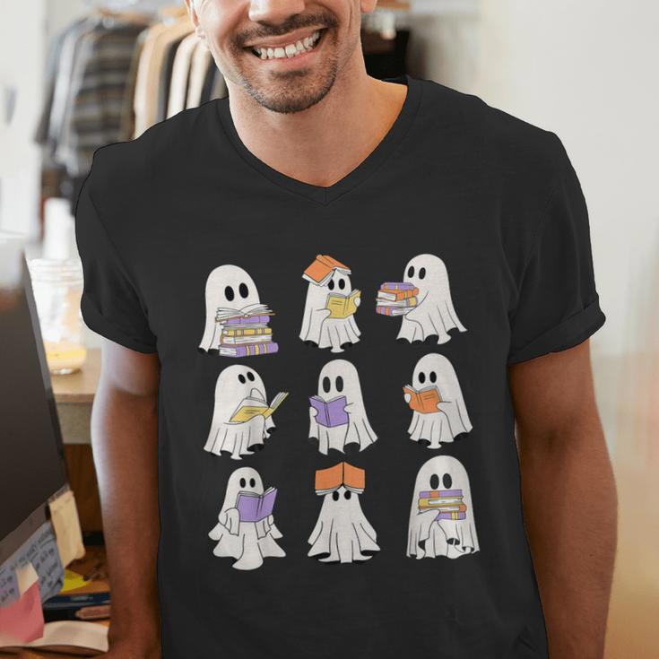 Cute Ghost Reading Books Teacher Halloween Reading Men Women Kids Men's V-Neck T-Shirt, funny gift