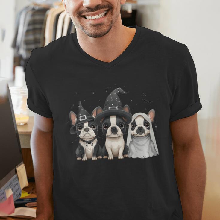 Cute Halloween Boston Terrier Dogs Witch Hat Ghost Dog For Men Women Kids Men's V-Neck T-Shirt, Boston Terrier Halloween Shirts, Boston Terrier Ghost Shirts, funny gift