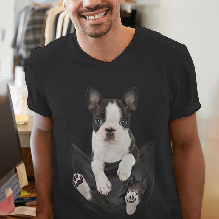 Dog Lovers Boston Terrier In Pocket Dog Face For Men Women Kids Men's V-Neck T-Shirt, funny gift
