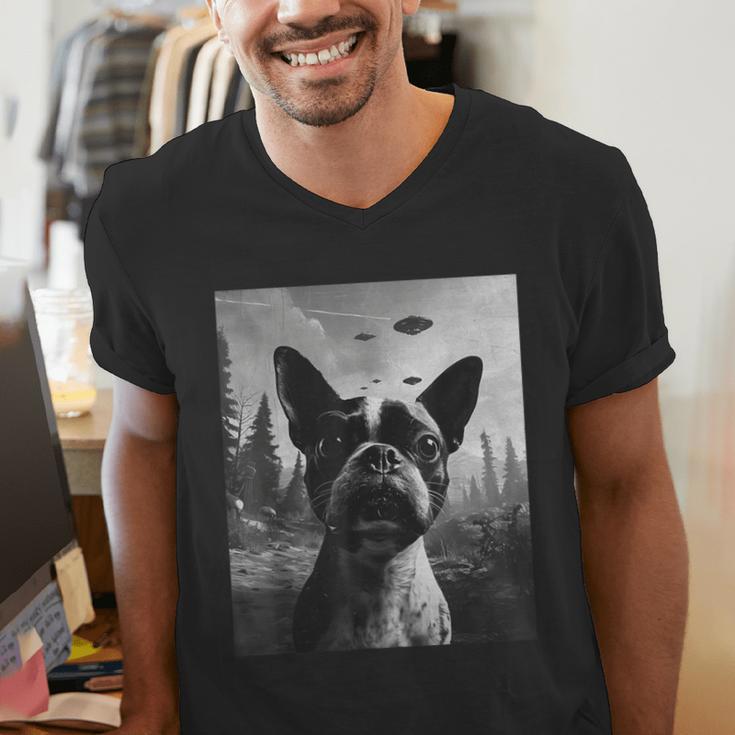 Dog Mom Dad Alien Selfie Boston Terrier UFO For Men Women Men's V-Neck T-Shirt, Boston Terrier Dad Shirts, Boston Terrier Mom Shirts, funny gift