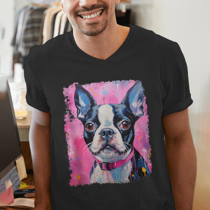 Dog Pink Boston Terrier Men's V-Neck T-Shirt, funny gift