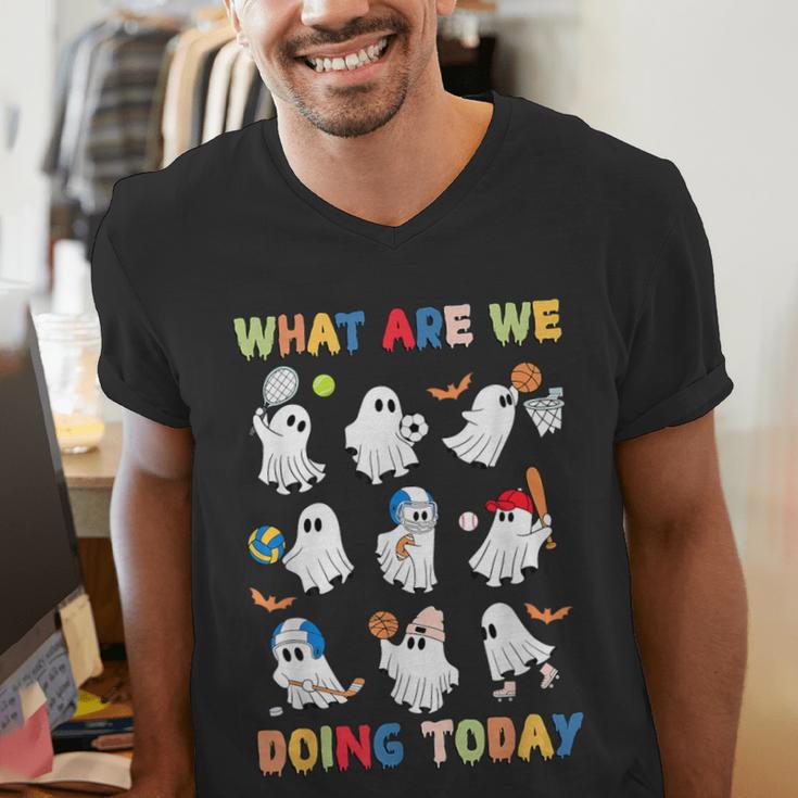 What Are We Doing Today Ghost PE Teacher Team Halloween Men's V-Neck T-Shirt, Pe Teacher Shirts, funny gift