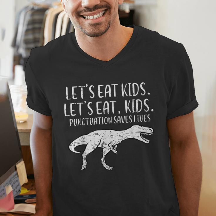 Lets Eat Kids Punctuation Saves Lives Dino Teacher Men Men's V-Neck T-Shirt, funny gift