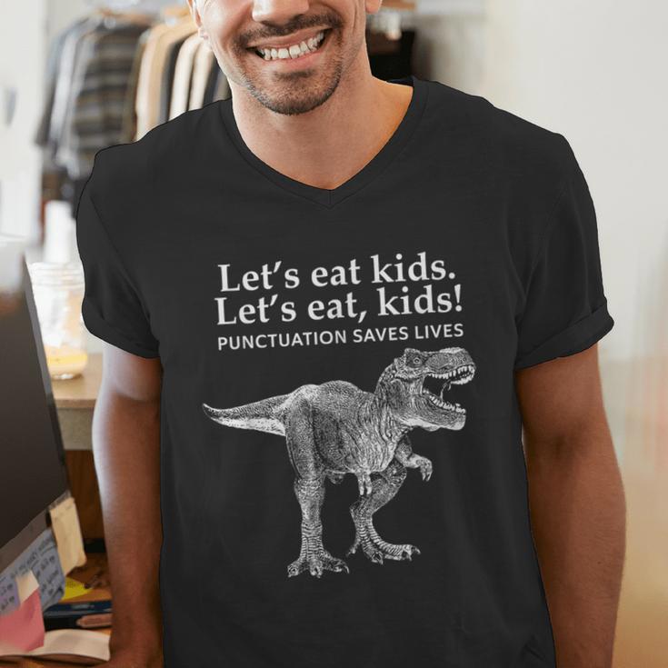 Lets Eat Kids Punctuation Saves Lives Dinosaur Teacher Men's V-Neck T-Shirt, funny gift