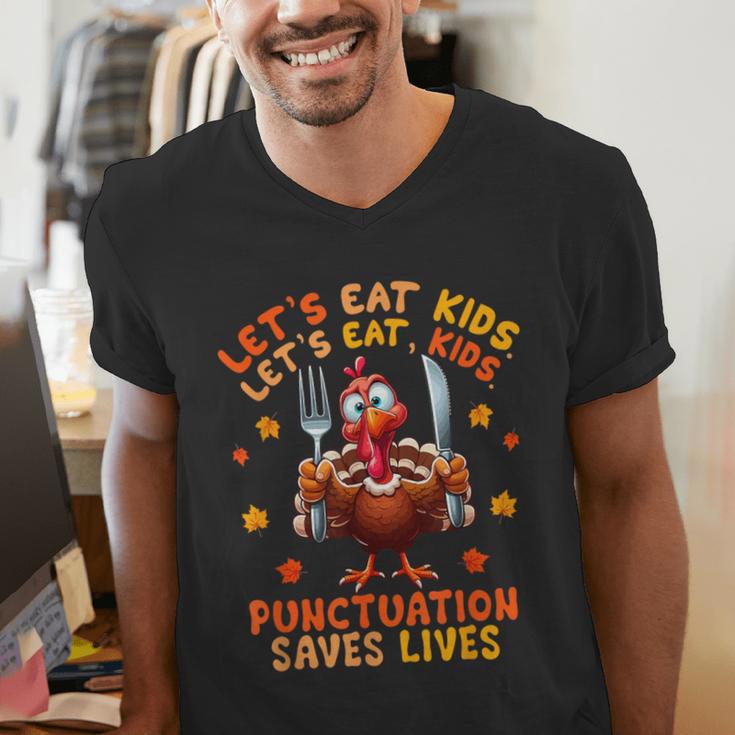 Eat Kids Punctuation Saves Lives Thanksgiving Turkey Teacher Men's V-Neck T-Shirt, funny gift Eat Kids Punctuation Saves Lives Thanksgiving Turkey Teacher Men's V-Neck T-Shirt, funny gift