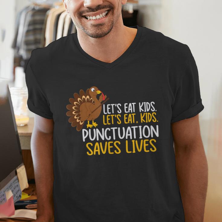 Lets Eat Kids Punctuation Turkey Thanksgiving Teacher Men's V-Neck T-Shirt, funny gift