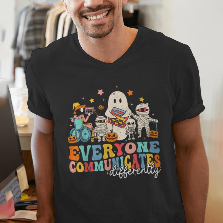 Everyone Communicates Differently Halloween SLP Sped Teacher Men's V-Neck T-Shirt, funny gift Everyone Communicates Differently Halloween SLP Sped Teacher Men's V-Neck T-Shirt, funny gift