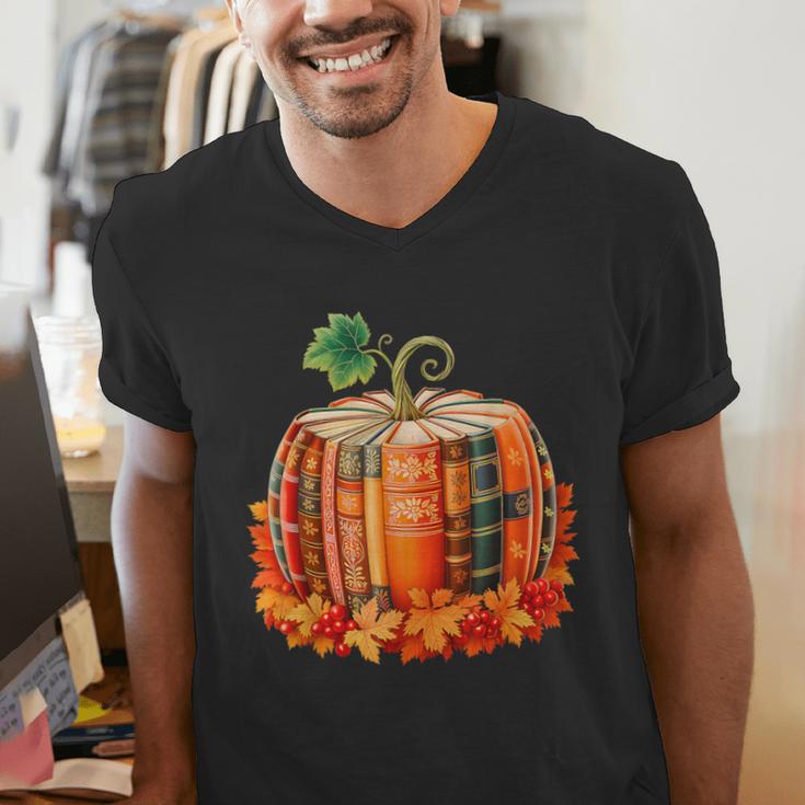 Fall Book Autumn Reading Teacher Halloween Pumpkin Season Men's V-Neck T-Shirt, funny gift