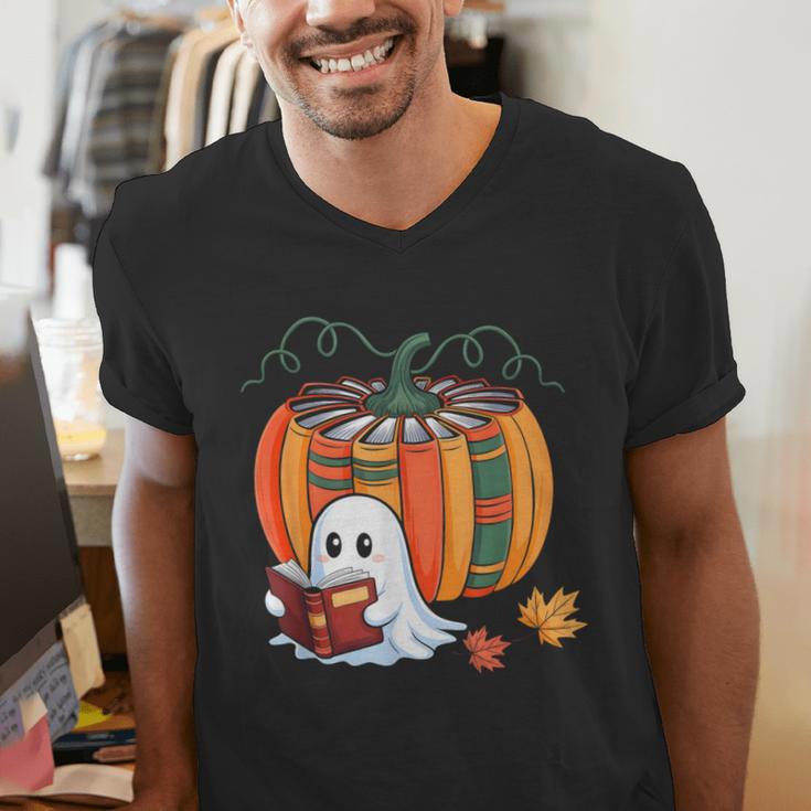 Fall Book Pumpkin Ghost Reading Books Halloween Teacher Men's V-Neck T-Shirt, funny gift Fall Book Pumpkin Ghost Reading Books Halloween Teacher Men's V-Neck T-Shirt, funny gift