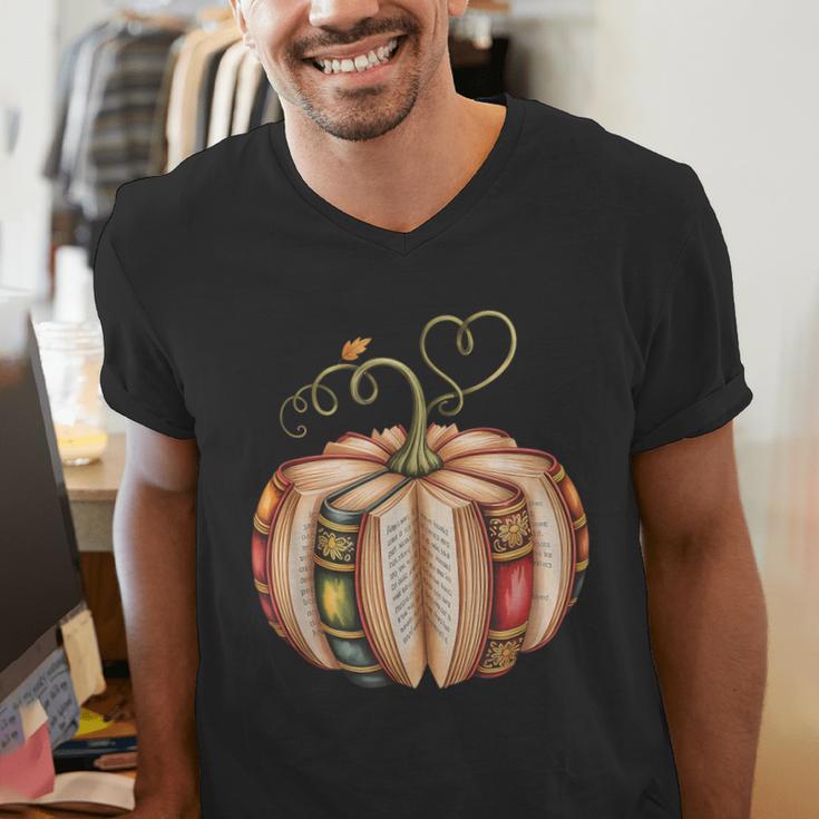 Fall Book Pumpkin Fall Librarians Bookworm Teachers Students Men's V-Neck T-Shirt, funny gift Fall Book Pumpkin Fall Librarians Bookworm Teachers Students Men's V-Neck T-Shirt, funny gift