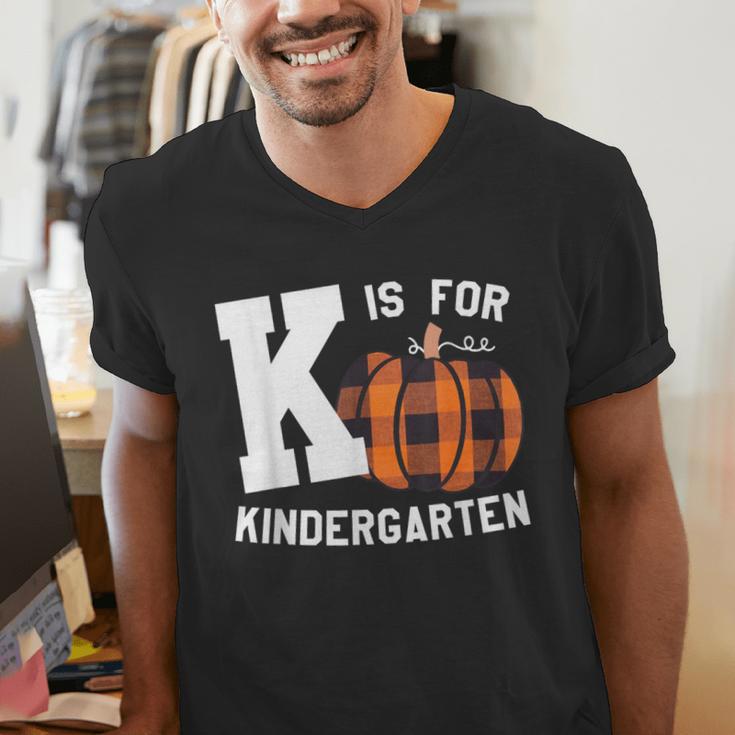 Fall Kindergarten Teacher K Is For Buffalo Plaid Pumpkin Men's V-Neck T-Shirt, funny gift Fall Kindergarten Teacher K Is For Buffalo Plaid Pumpkin Men's V-Neck T-Shirt, funny gift