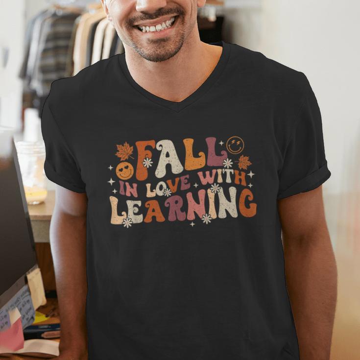 Fall In Love With Learning Autum Thanksgiving Teacher Kids Men's V-Neck T-Shirt, funny gift