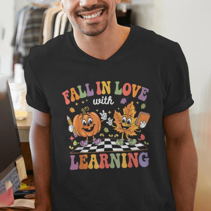 Fall In Love With Learning Autumn Fall Season Teacher Men's V-Neck T-Shirt, funny gift