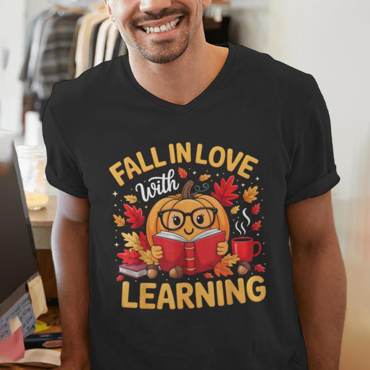 Fall In Love With Learning Pumpkin Thanksgiving Teacher Fall Men's V-Neck T-Shirt, funny gift Fall In Love With Learning Pumpkin Thanksgiving Teacher Fall Men's V-Neck T-Shirt, funny gift